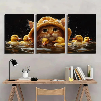 3pcs Adorable Cat Lion Hat Ducks Wall Art Set Canvas Framed 40x60cm - High Quality Print 100% Australian Made Wall Canvas Ready to Hang - Bella Home Decor