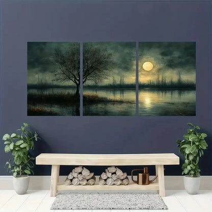 3pcs Moonlit Landscape Painting Dark Neutral Tones Metal Print Ready to Hang Art - Bella Home Decor