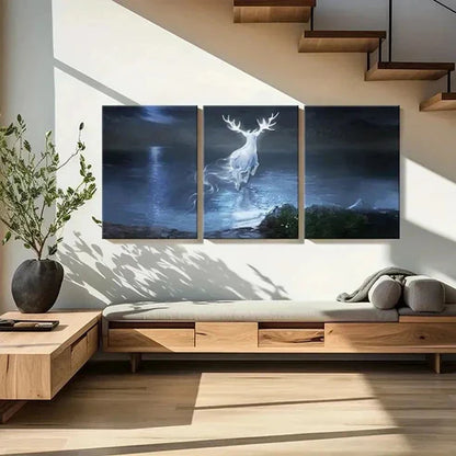 3pcs Enchanted Forest Scene with Glowing Deer Wall Art Set Canvas Unframed - High Quality Print 100% Australian Made Wall Canvas