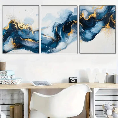 3pcs Blue and Golden Abstract Décor Perfect Wall Art Set Canvas Framed 40x60cm - High Quality Print 100% Australian Made Wall Canvas Ready to Hang - Bella Home Decor
