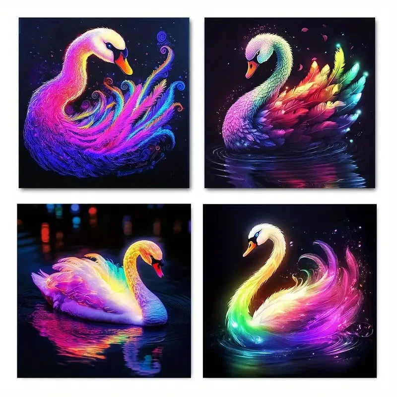 4pcs Elegant Swans With Vibrant Neon Colors Wall Art Canvas Framed