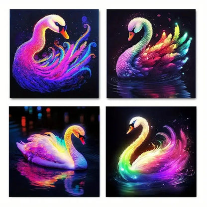 4pcs Elegant Swans With Vibrant Neon Colors Wall Art Canvas Framed