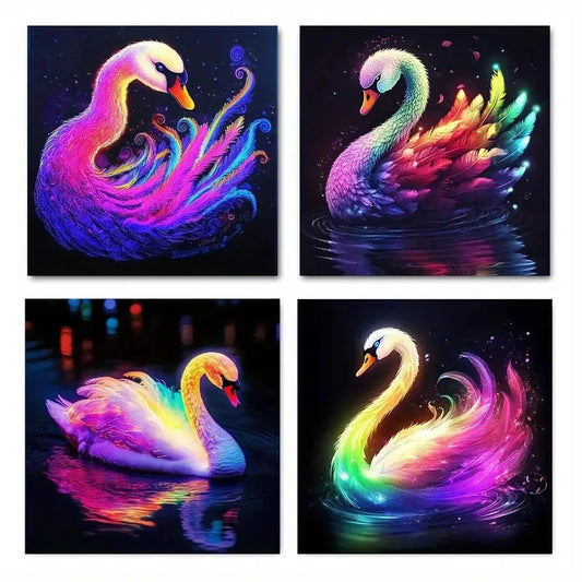 4pcs Elegant Swans With Vibrant Neon Colors Wall Art Canvas Framed