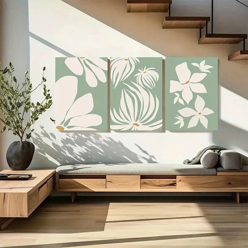 3pcs White Flowers & Leaves Green Floral Metal Print Ready to Hang Art - Bella Home Decor
