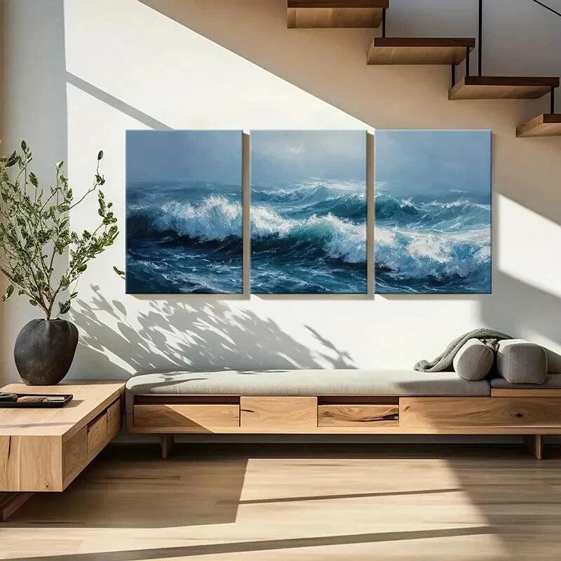 3pcs Ocean Waves Art Abstract Sea Spray Water Metal Print Ready to Hang Art - Bella Home Decor