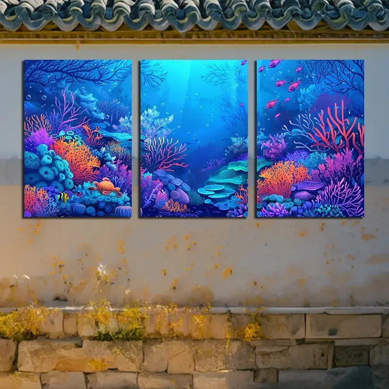 3pcs Vibrant Marine Organisms Illustration Metal Print Ready to Hang Art - Bella Home Decor