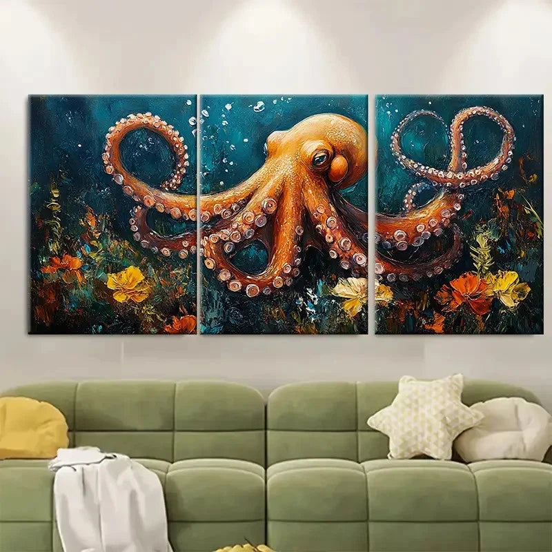 3pcs Underwater Scene with Orange Octopus ui Wall Art Set Canvas Framed 40x60cm - High Quality Print 100% Australian Made Wall Canvas Ready to Hang - Bella Home Decor