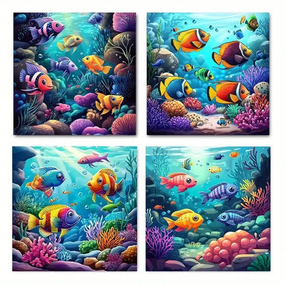 4pcs Underwater Coral Reef & Colorful Fish Wall Art Canvas Framed