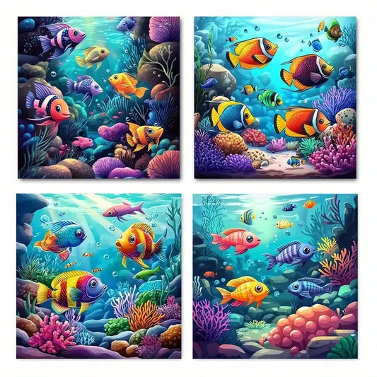 4pcs Underwater Coral Reef & Colorful Fish Wall Art Canvas Framed