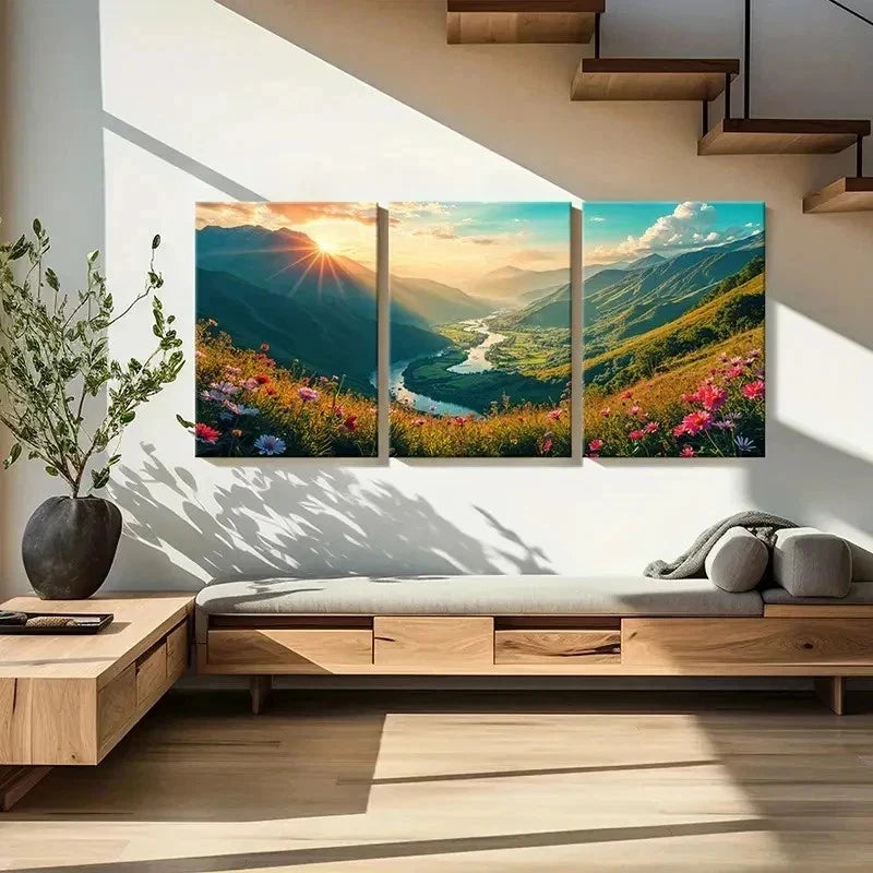 3pcs Valley Under Sunset Nature Scenery Wall Art Set Canvas Framed 40x60cm - High Quality Print 100% Australian Made Wall Canvas Ready to Hang