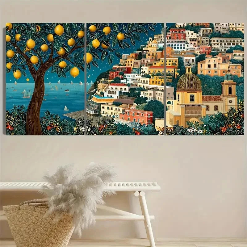 3pcs Positano Lemon Tree Amalfi Coast Art Italy Wall Art Set Canvas Framed 40x60cm - High Quality Print 100% Australian Made Wall Canvas Ready to Hang