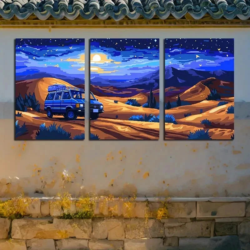 3pcs Desert Sunset Vibrant Landscape with Van Metal Print Ready to Hang Art - Bella Home Decor