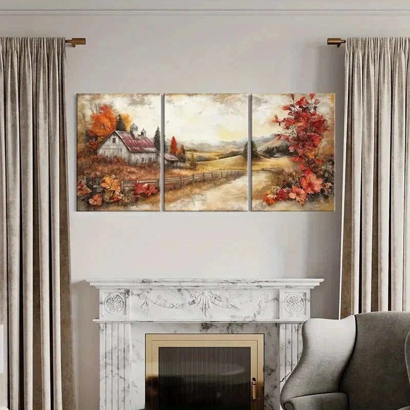 3pcs Autumn Barn Rolling Hill Rustic Fence Metal Print Ready to Hang Art - Bella Home Decor