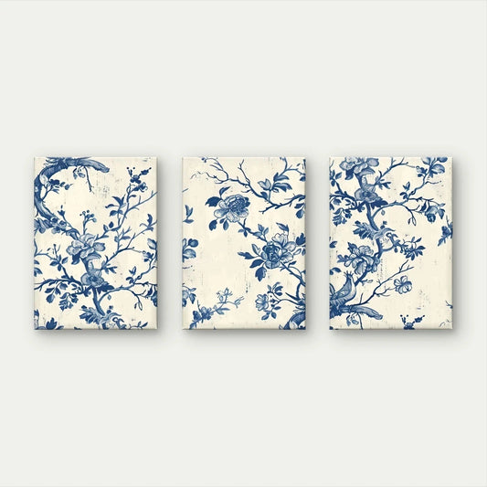 3pcs Blue and White Vintage Floral Style Wall Art Set Canvas Framed 40x60cm - High Quality Print 100% Australian Made Wall Canvas Ready to Hang