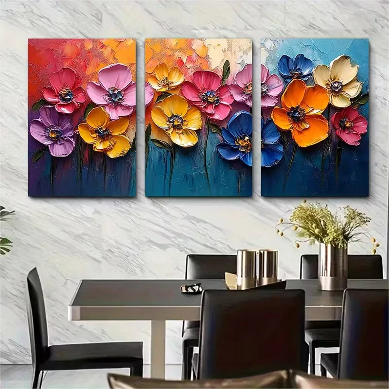 3pcs Vibrant Floral Textured Abstract Metal Print Ready to Hang Art