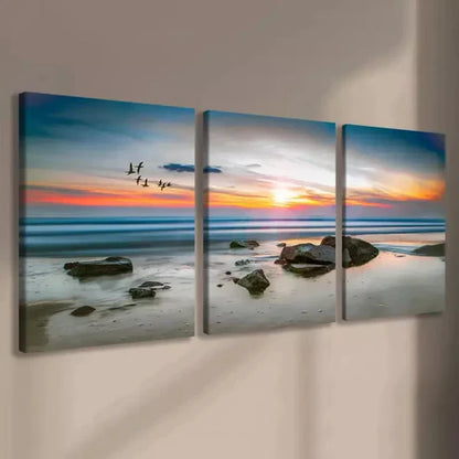 3pcs Sunset Beach Seascape with Birds Wall Art Canvas Unframed - High Quality Print 100% Australian Made Wall Canvas