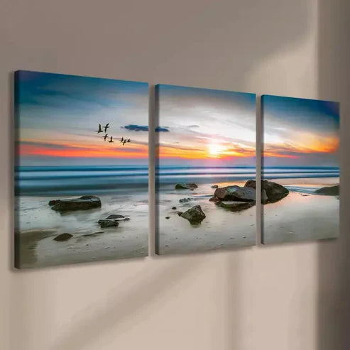 3pcs Sunset Beach Seascape with Birds Wall Art Canvas Unframed - High Quality Print 100% Australian Made Wall Canvas