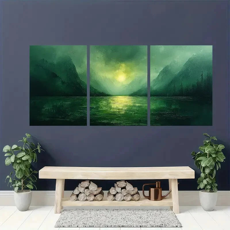 3pcs Abstract Green Mountain Landscape Metal Print Ready to Hang Art