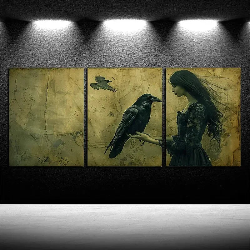 3pcs Girls and Crows Gothic Illustration Metal Print Ready to Hang Art - Bella Home Decor