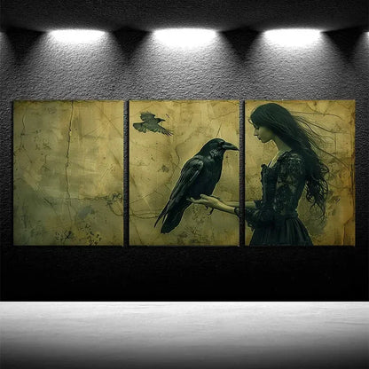 3pcs Girls and Crows Gothic Illustration Metal Print Ready to Hang Art - Bella Home Decor