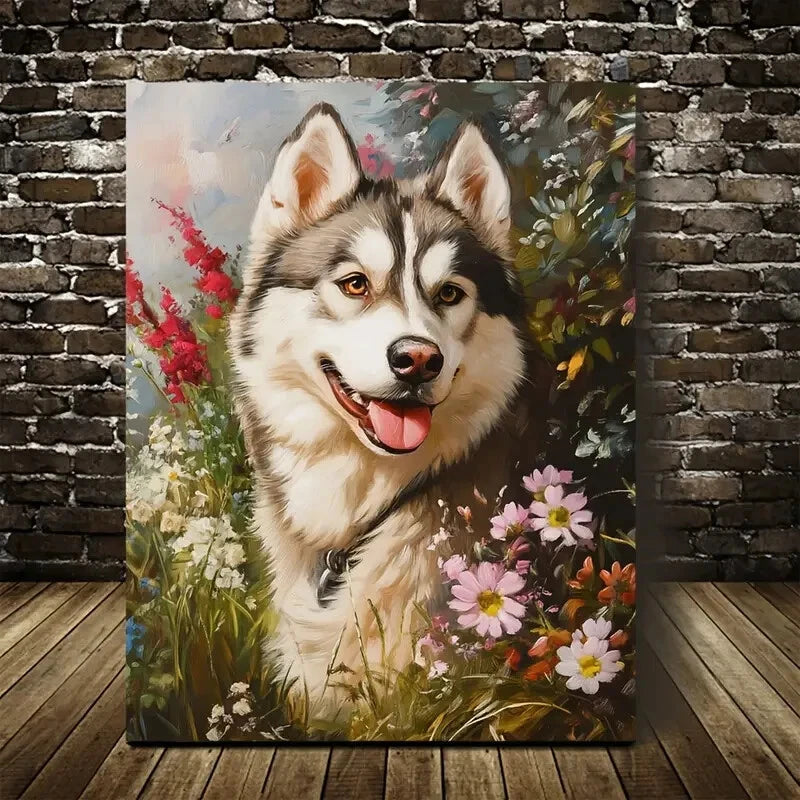 Charming Alaskan Malamute with Flowers Painting 40x60cm Metal Print Ready to Hang - Bella Home Decor