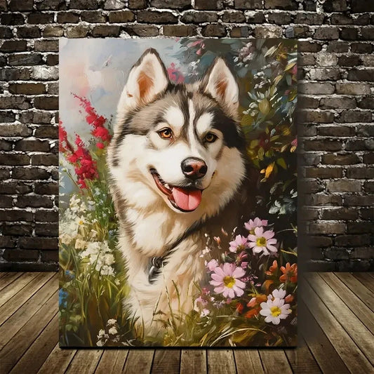 Charming Alaskan Malamute with Flowers Painting 40x60cm Metal Print Ready to Hang - Bella Home Decor