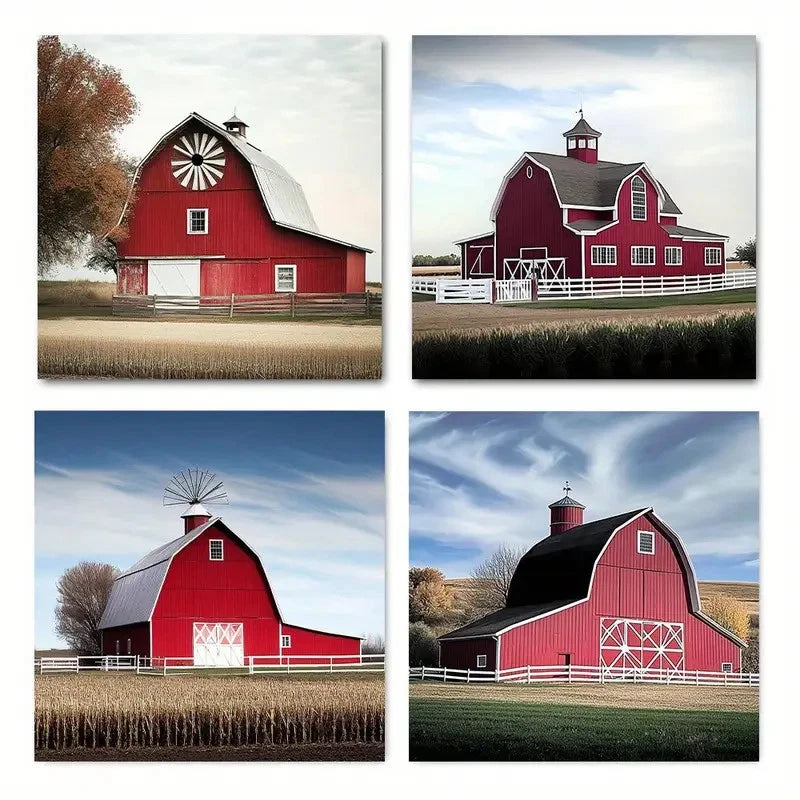 4pcs Black & Red Barn with Windmill Wall Art Canvas Framed