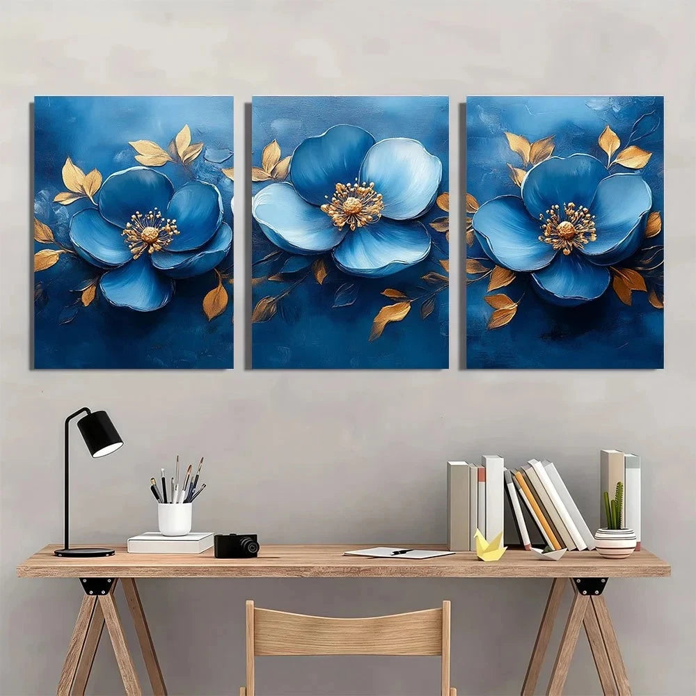 3pcs Blue and Golden Abstract Floral Metal Print Ready to Hang Art - Bella Home Decor