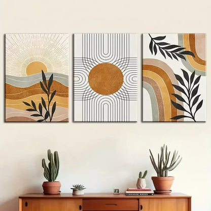 3pcs abstract line leaf sun print, bohemian Wall Art Canvas Unframed - High Quality Print 100% Australian Made Wall Canvas - Bella Home Decor