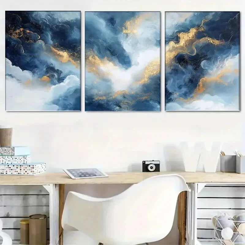 3pcs Blue and Golden Abstract Décor Perfect Wall Art Set Canvas Framed 50x70cm - High Quality Print 100% Australian Made Wall Canvas Ready to Hang - Bella Home Decor