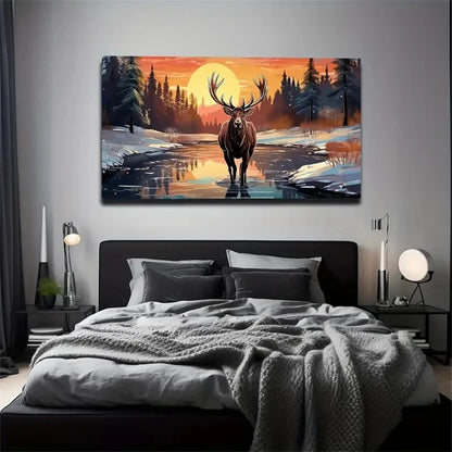 Vivid Elk Winter Scene Wall Art Canvas Office Home Room Framed 120x60cm