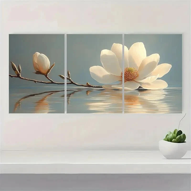 3pcs White Magnolia Flower Art Painting Metal Print Ready to Hang Art - Bella Home Decor