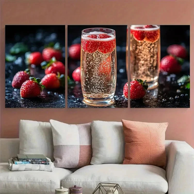 3pcs Elegant Champagne and Strawberries Design Wall Art Set Canvas Framed 40x60cm - High Quality Print 100% Australian Made Wall Canvas Ready to Hang