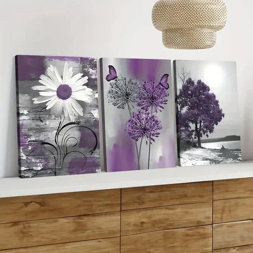3pcs Purple and Gray Dandelions Daisie Butterfly Wall Art Set Canvas Unframed - High Quality Print 100% Australian Made Wall Canvas