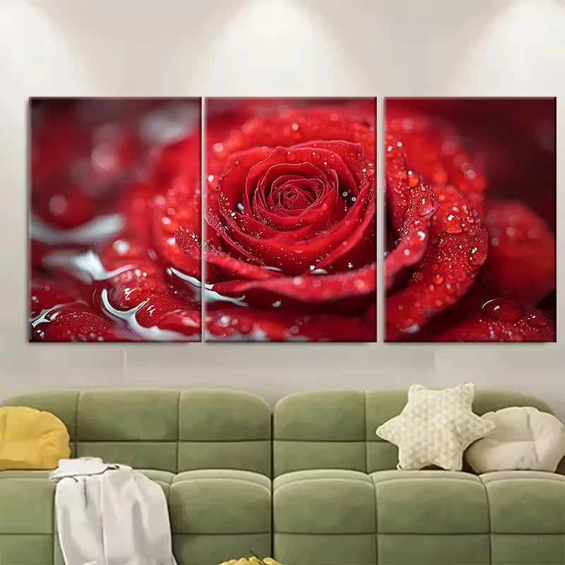 3pcs , Elegant Red Rose Water Metal Print Ready to Hang Art - Bella Home Decor