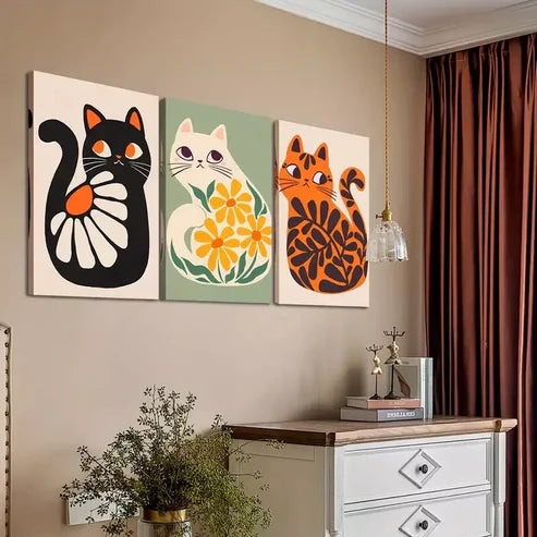 3pcs Boho Wall Art Cute Cats Artwork Plant Wall Art Set Canvas Unframed - High Quality Print 100% Australian Made Wall Canvas - Bella Home Decor