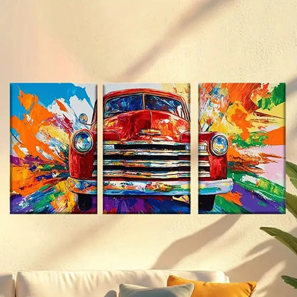 3pcs Red Truck with Colorful Paint Splatter 60x90cm - High Quality Print 100% Australian Made Wall Canvas Ready to Hang