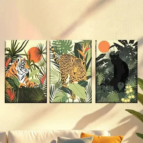 3pcs Vibrant Jungle Scene with Animals Wall Art Canvas Unframed - High Quality Print 100% Australian Made Wall Canvas