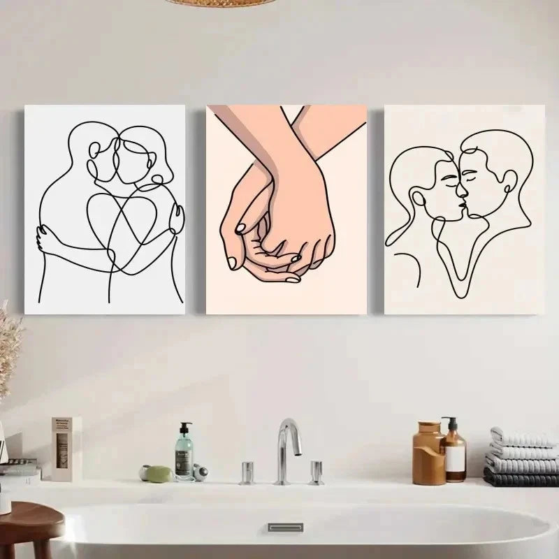 3pcs Romantic Line Art Hug Holding Hands Kiss Metal Print Ready to Hang Art - Bella Home Decor