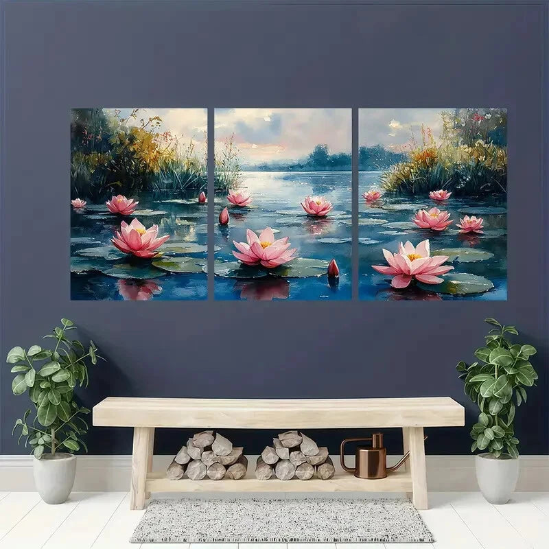 3pcs Water Lily Monet-Inspired Summer Landscape Metal Print Ready to Hang Art - Bella Home Decor