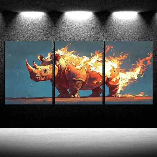 3pcs Vibrant Flame Rhinoceros Illustration Wall Art Set Canvas Framed 40x60cm - High Quality Print 100% Australian Made Wall Canvas Ready to Hang