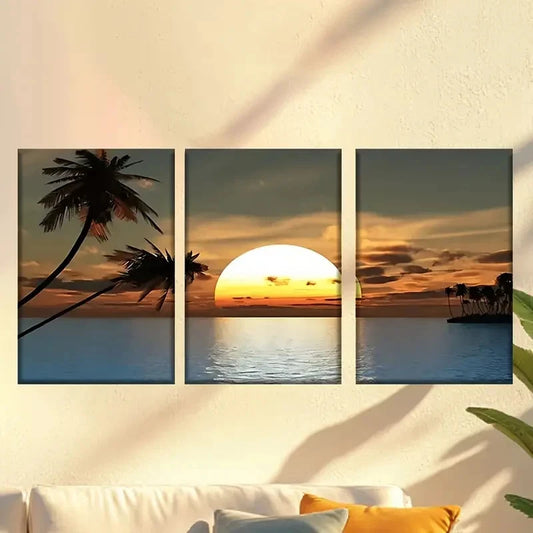 3pcs a Sunset with Palm Trees And a Boat Wall Art Set Canvas Framed 50x70cm - High Quality Print 100% Australian Made Wall Canvas Ready to Hang