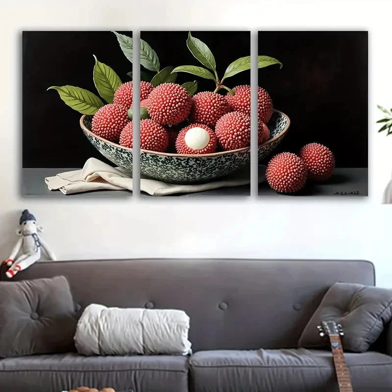 3pcs Lychee Fruit Bowl with Leaves Art Wall Art Set Canvas Framed 60x90cm - High Quality Print 100% Australian Made Wall Canvas Ready to Hang