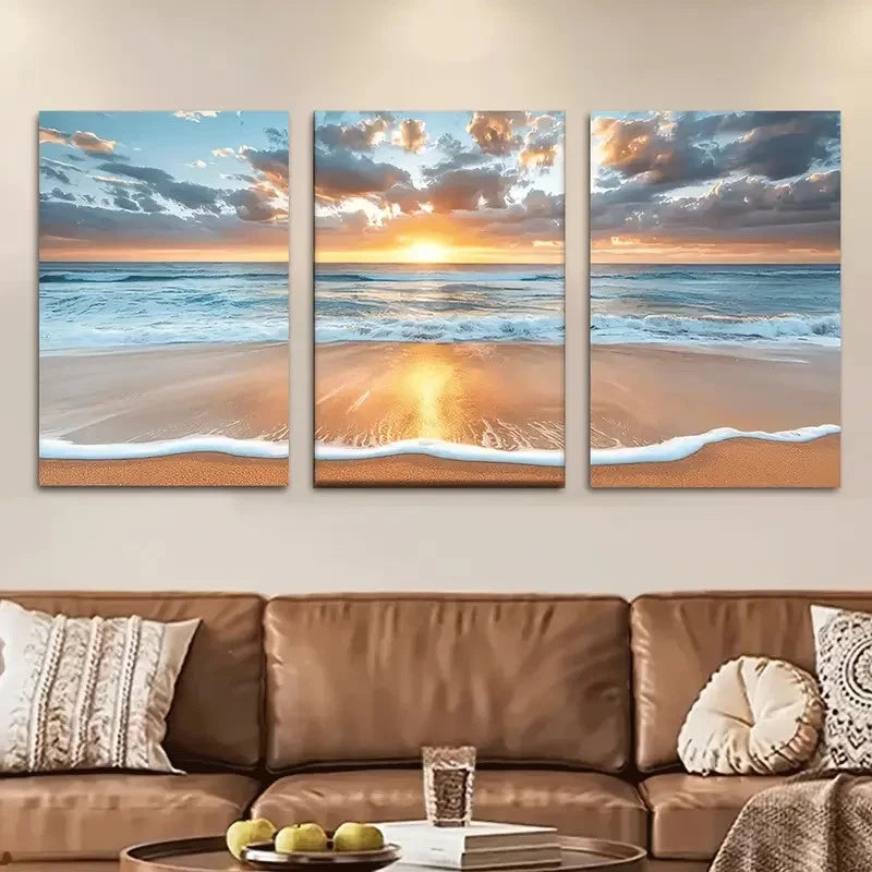 3pcs Beach Sunset Serene Ocean Waves Metal Print Ready to Hang Art - Bella Home Decor