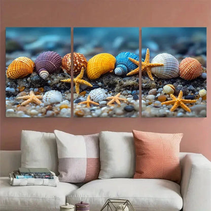 3pcs Colorful Seashells and Starfish Metal Print Ready to Hang Art - Bella Home Decor