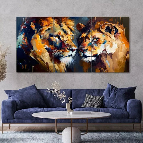 3 Piece Lion and Lioness Painting Canvas Framed 60x90 cm - High Quality Print 100% Australian Made Wall Canvas Ready to Hang
