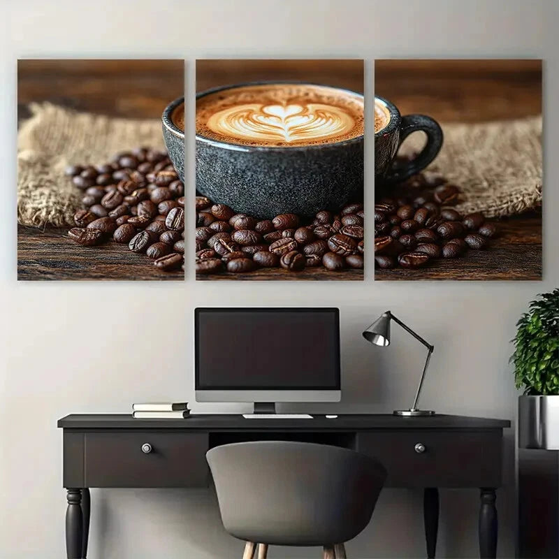 3pcs Coffee Cup with Latte on Coffee Sack Beans Metal Print Ready to Hang Art - Bella Home Decor