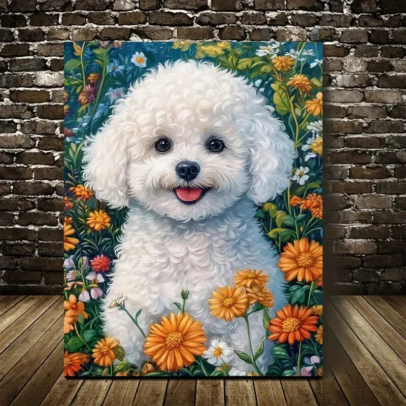 Adorable Bichon Frise Dog Vibrant Floral Painting 40x60cm Metal Print Ready to Hang - Bella Home Decor