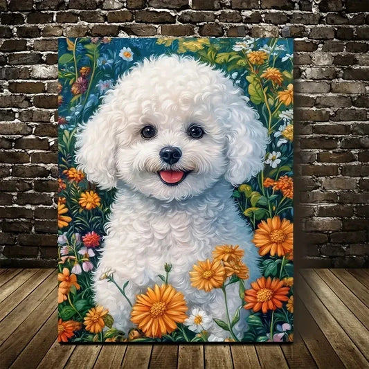 Adorable Bichon Frise Dog Vibrant Floral Painting 40x60cm Metal Print Ready to Hang - Bella Home Decor