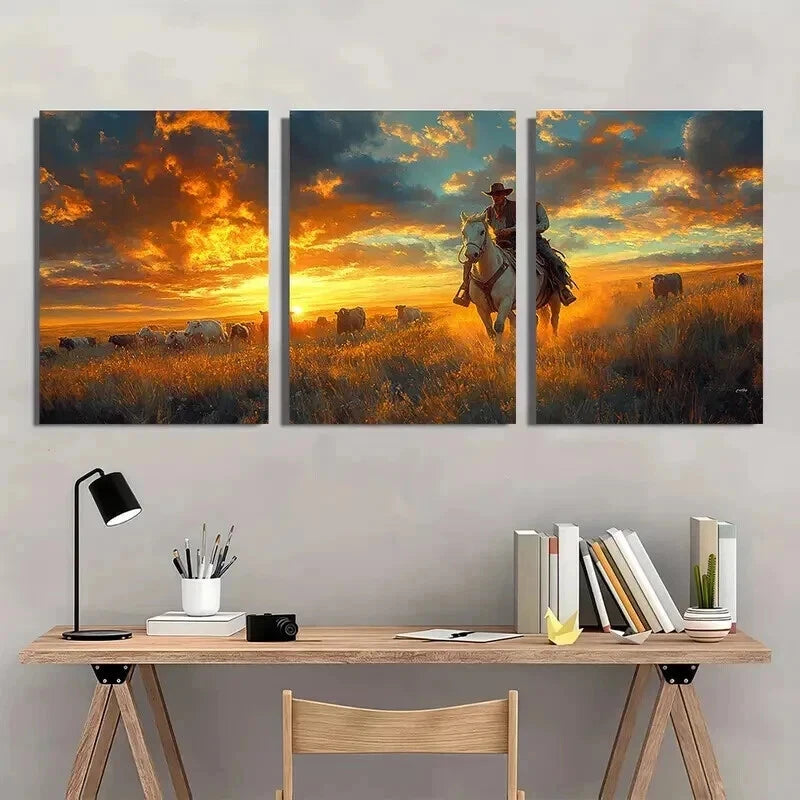 3pcs Vibrant Sunset Prairie Scene with a Cowboy Wall Art Set Canvas Framed 40x60cm - High Quality Print 100% Australian Made Wall Canvas Ready to Hang - Bella Home Decor